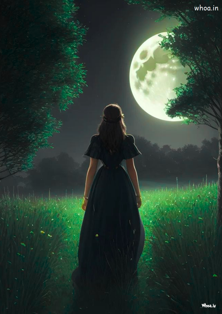 Night Wallpapers Girl Walk In Garden At Night Moon Wallpaper